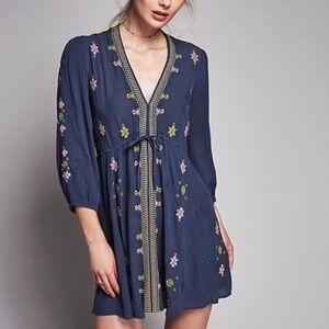 Free People Navy Floral Embroidered Mini Dress